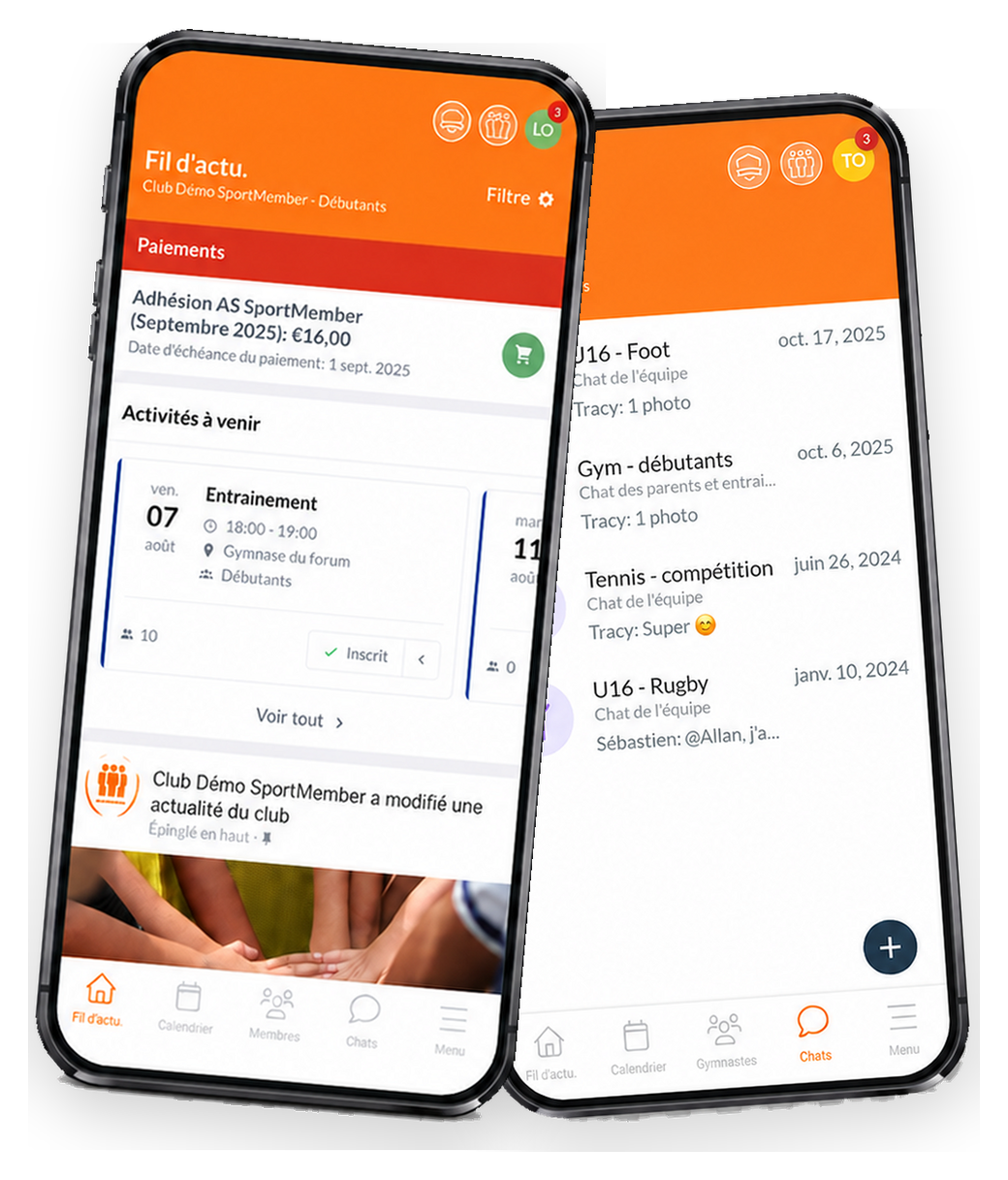 L'appli SportMember sur deux téléphones : le fil d'actualité et la messagerie d'équipe